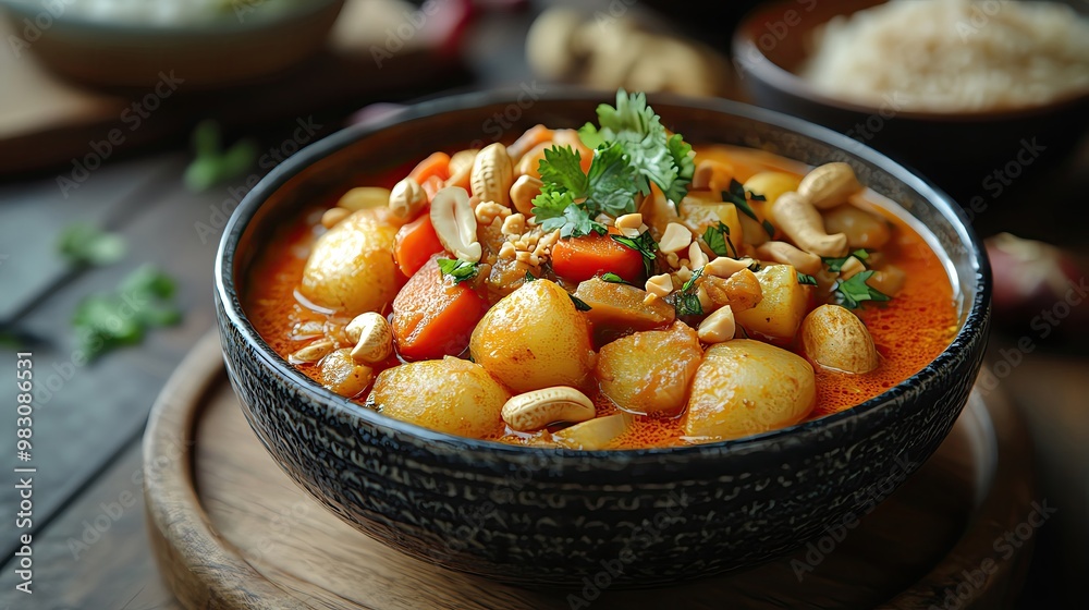 vegetarian and vegan dishes, Delicious vegetable curry with potatoes, carrots, and peanuts, garnished with fresh cilantro in a dark bowl. Perfect for meals.