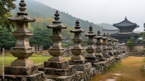 Ancient stone pagodas stand at the historic Gameunsa Temple Site in Gyeongju, South Korea. photo