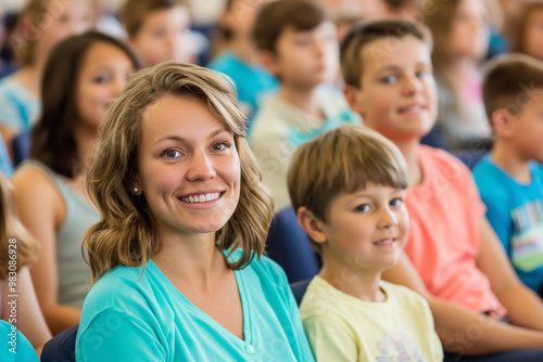 Smiling Woman and Children in a Group Setting