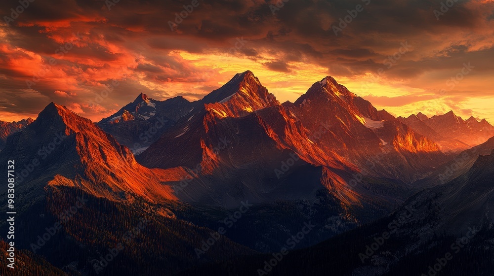 Naklejka premium As the sun dips below the horizon, the mountain peaks are ablaze with hues of gold and crimson, creating a breathtaking spectacle against the fading light.