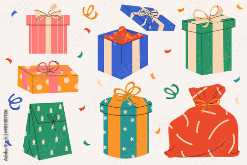 Flat vector illustrations gifts in gift paper, bow on a gift. Gifts for New Year, Christmas, birthday. Gift wrapping. Idea for a postcard, banner.