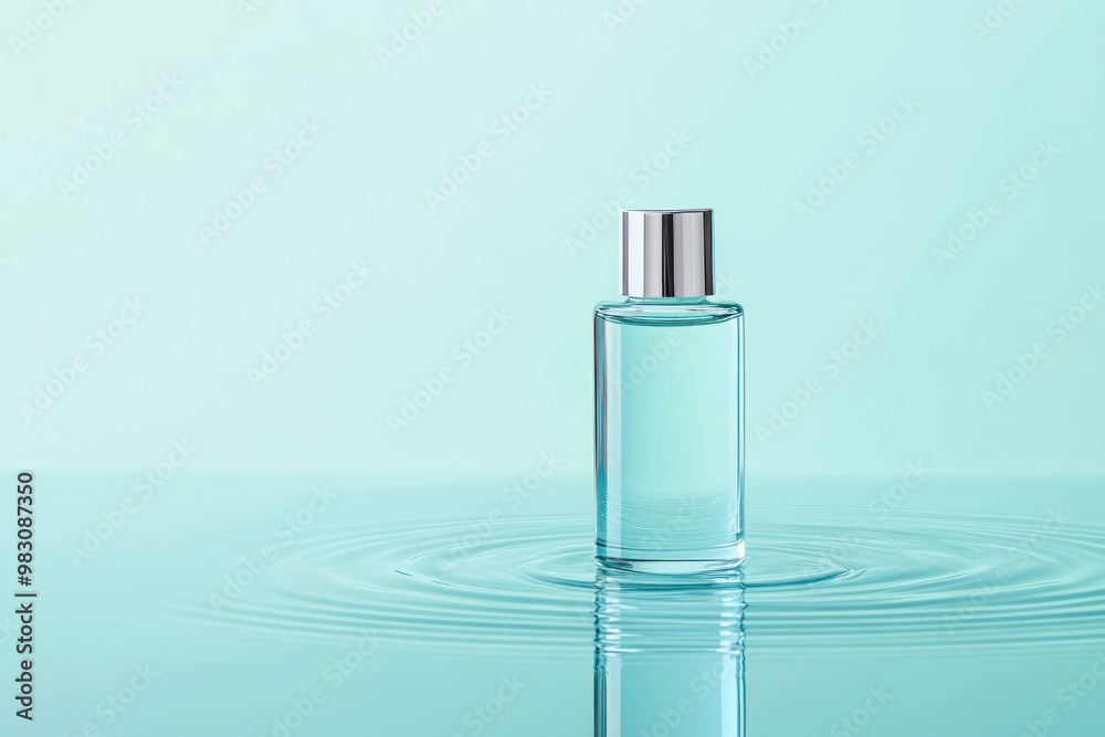 Crystalclear serum bottle with a sleek silver cap, placed on a wet, reflective surface with water ripples, serum bottle, hydrating skincare concept Crystalclear serum bottle with a sleek silver cap, placed on a wet, reflective surface with water ripples, serum bottle, hydrating skincare concept