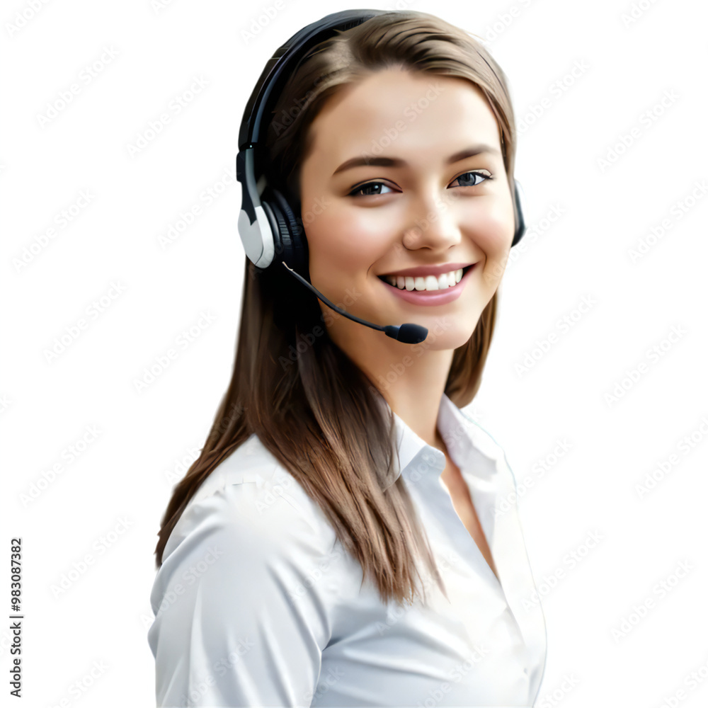 Smiling, Beautiful, and Friendly Fictional Young American Woman in a Customer Service Role, Wearing a Headset, Isolated on a Transparent Background Smiling, Beautiful, and Friendly Fictional Young American Woman in a Customer Service Role, Wearing a Headset, Isolated on a Transparent Background