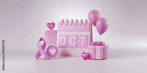 Symbol of Breast Cancer Awareness - Calendar and 3D Balloons for Pink October. Copy space.