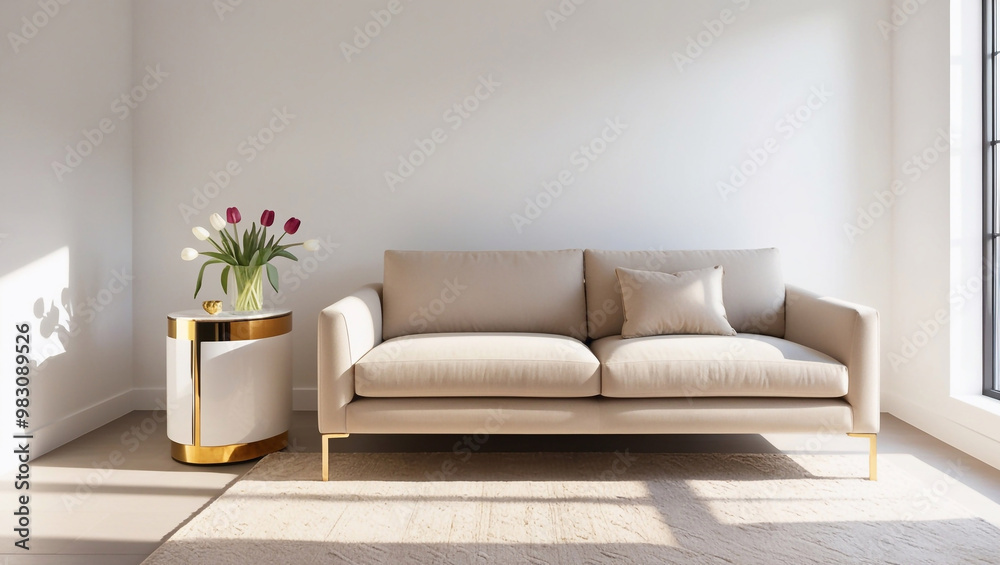 There is a beige modern sofa. White walls. It has a white side table with gold tones, a vase of flowers and tulips. There are no windows, and the room is very beautiful with sunlight coming in, making There is a beige modern sofa. White walls. It has a white side table with gold tones, a vase of flowers and tulips. There are no windows, and the room is very beautiful with sunlight coming in, making