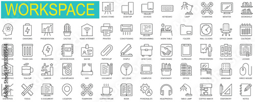 Set of Workspace web icons in thin line design. Pack of office, workplace, computer, teamwork, statistic, tools, brainstorm, presentation, document, other outline stroke pictograms.