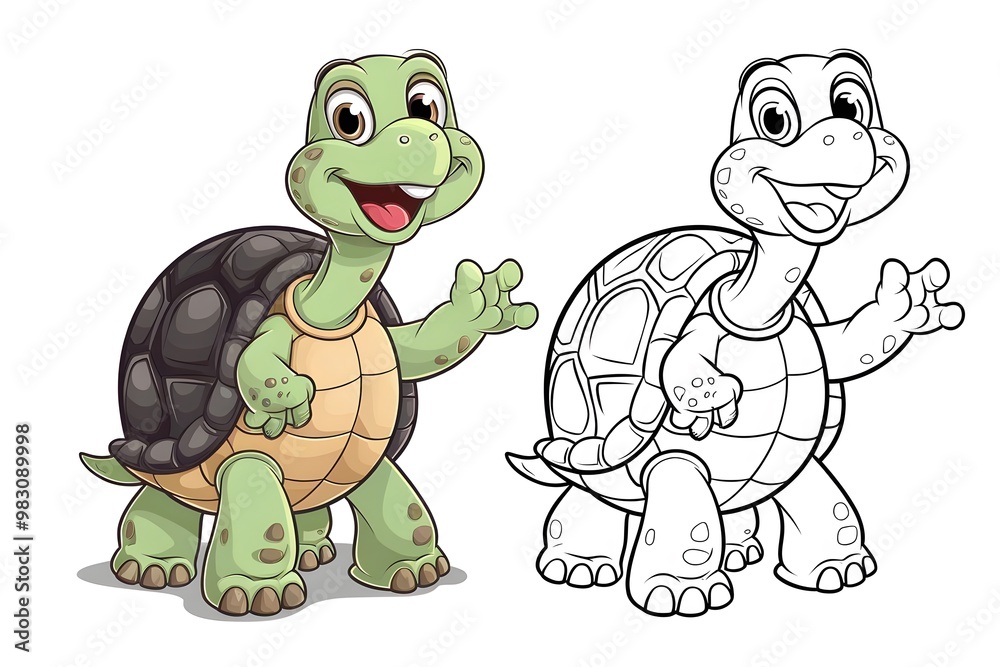 Obraz premium A Playful Cartoon Turtle – Full Color and Outline Drawing