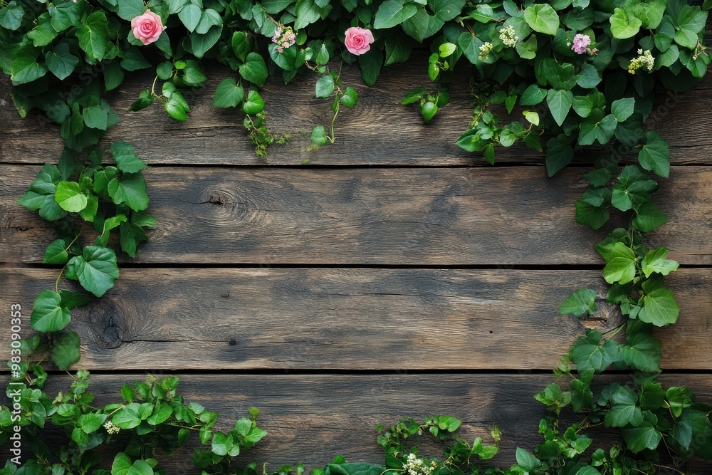 Green Ivy and Pink Roses on Weathered Wood Plank Wall Green Ivy and Pink Roses on Weathered Wood Plank Wall
