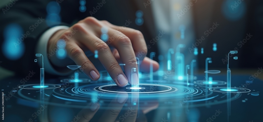 A business professional interacts with a digital interface, symbolizing innovation, technology, and data management in a modern workspace. A business professional interacts with a digital interface, symbolizing innovation, technology, and data management in a modern workspace.