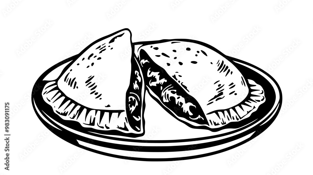 Split beef empanada with exposed filling on a small plate, food illustration vector Split beef empanada with exposed filling on a small plate, food illustration vector