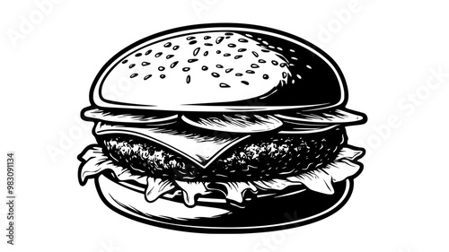 Assembled gourmet burger with patty and various fillings, lying flat on a surface, food illustration vector