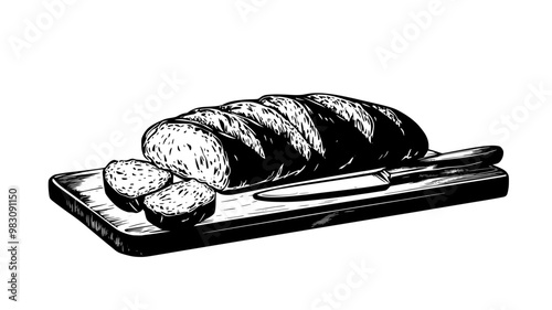 Baguette loaf on cutting board with a few slices removed, food vector illustration