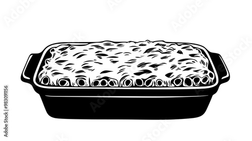 Baked ziti with pasta under a cheese topping, resting on a flat surface, food vector graphic
