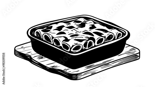 Baked ziti dish on a wooden board, ready to be served, food vector illustration