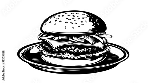 Beef burger with cheese, onions, and lettuce on a plate, food illustration vector