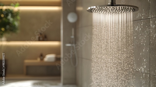 Sleek rainfall showerhead with chrome design and water images