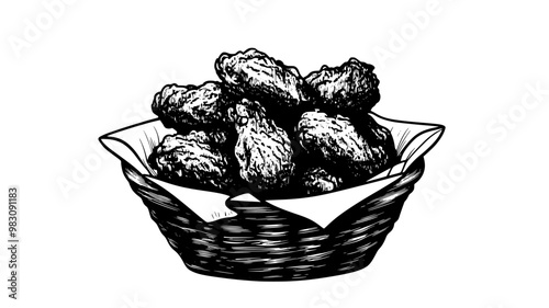 Basket of fried chicken tenders piled high, filling the space, food vector graphic