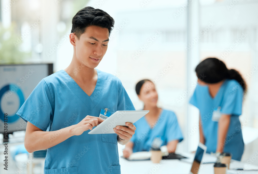 Φωτογραφία Medical, nurse and tablet with asian man in hospital boardroom for meeting, planning or research