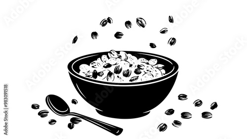Bowl of cold cereals with scattered pieces and a spoon beside the bowl, food vector graphic