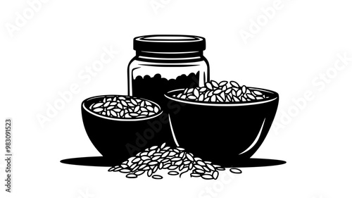 Bowl of muesli beside a jar and some spilled grains, food vector illustration