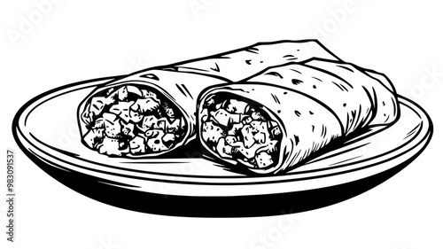 Breakfast plate featuring a neatly rolled breakfast burrito cut in half, food illustration vector