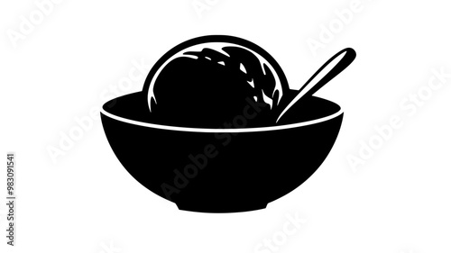 Bowl with a single scoop of ice cream, served with a small spoon resting nearby, food illustration vector