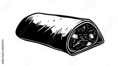 Burrito resting on a flat surface, tightly wrapped with visible bulges from fillings, food vector graphic