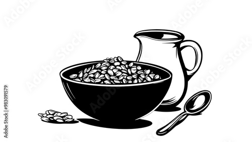 Cold cereal bowl with flakes beside a jug of milk and a spoon, food illustration vector