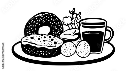Breakfast setup with a bagel spread with toppings on a circular plate, food illustration vector