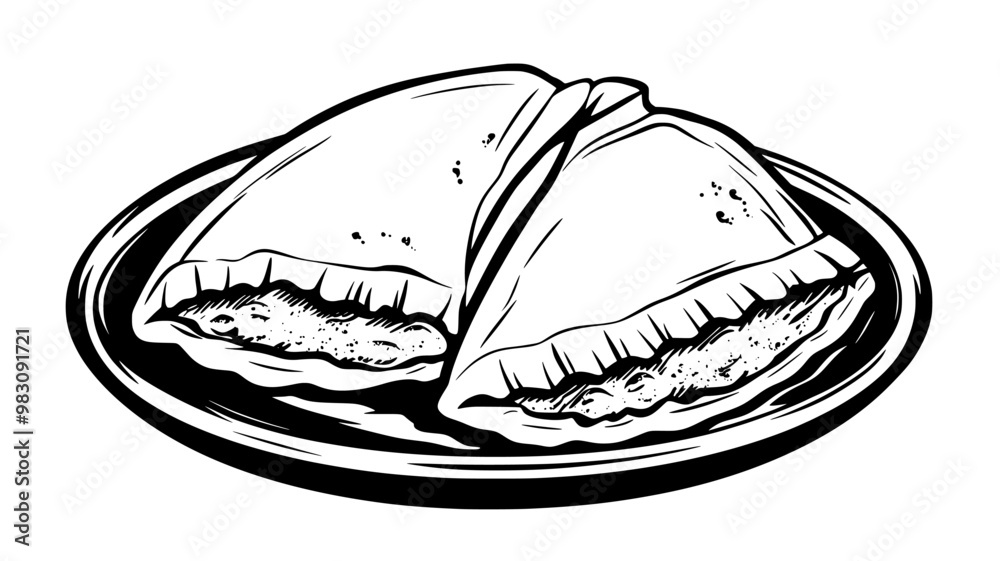 Chicken empanada cut in half with filling visible, placed on a plate, food illustration vector Chicken empanada cut in half with filling visible, placed on a plate, food illustration vector