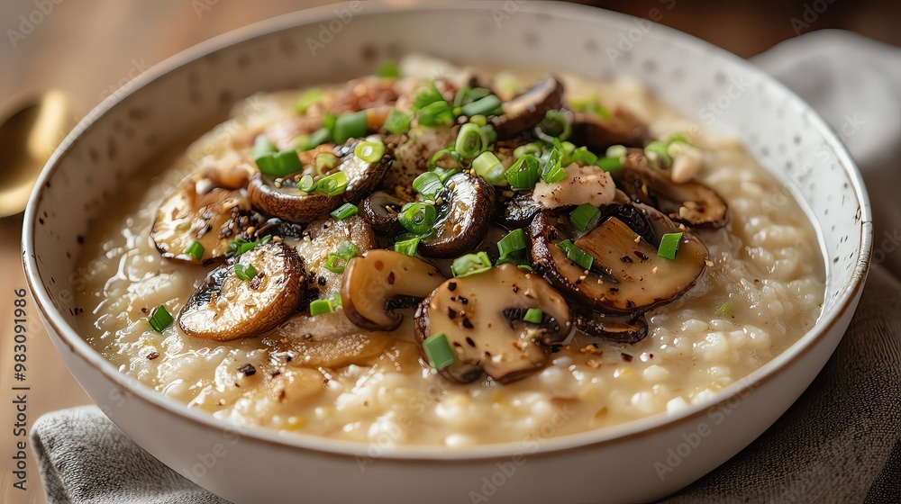 vegetarian and vegan dishes, Delicious creamy risotto topped with sauteed mushrooms and fresh green onions, perfect for cozy meals or elegant dining experiences. vegetarian and vegan dishes, Delicious creamy risotto topped with sauteed mushrooms and fresh green onions, perfect for cozy meals or elegant dining experiences.