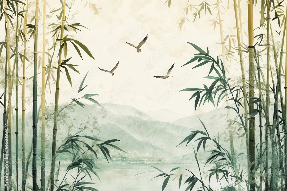 A 1940s travel poster style bamboo garden, soft and muted colors, tall bamboo shoots swaying gently in the breeze, birds soaring above A 1940s travel poster style bamboo garden, soft and muted colors, tall bamboo shoots swaying gently in the breeze, birds soaring above