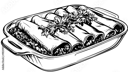 Close-up of serving enchiladas from the dish, revealing filling, food vector graphic
