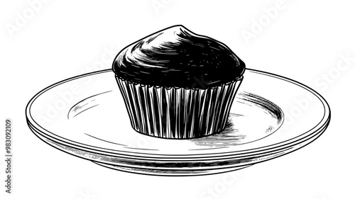 Close-up of a muffin on a white ceramic plate, food vector illustration