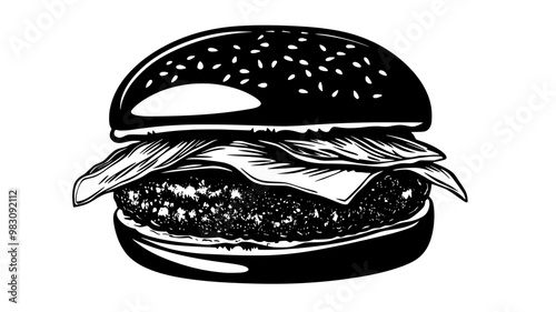 Close-up of an assembled burger with visible fillings, food vector illustration