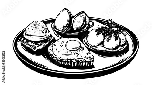 Close-up of egg dishes including quiche slice and eggs benedict, food illustration vector