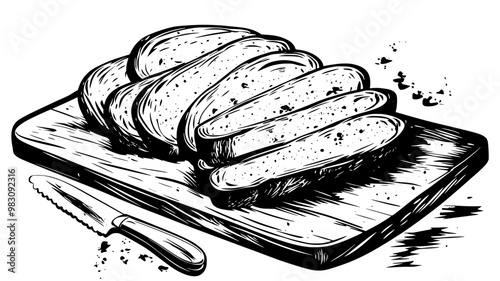 Close-up of sliced baguette pieces neatly arranged on wooden surface, food illustration vector