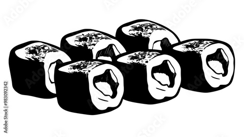 Close-up of sushi rolls with visible fillings and toppings, food vector illustration