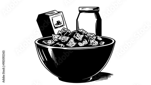 Close-up view of cold cereal pieces in a bowl with milk carton behind, food illustration vector