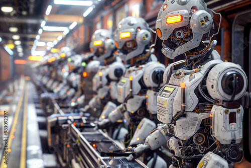 Industrial android robots assembling machinery on a production line in a futuristic factory, highlighting their efficiency and precision in manufacturing.