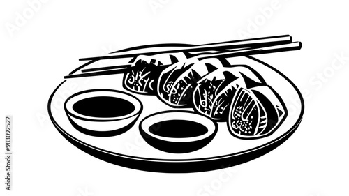 Dim sum arranged on a white plate with a dipping sauce, food vector illustration