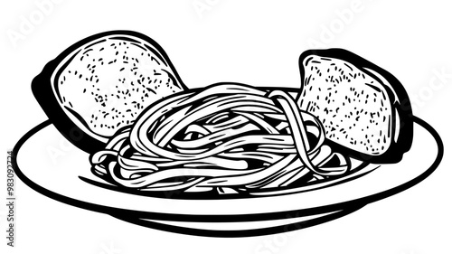 Fettuccine noodles in Alfredo sauce on a white plate with a slice of bread, food vector graphic