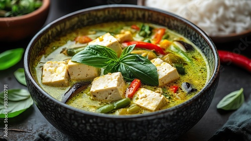 vegetarian and vegan dishes, Delicious bowl of tofu curry with fresh vegetables, aromatic herbs, and rice, perfect for healthy and flavorful meals.