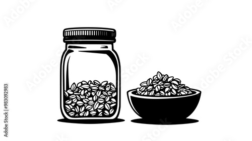 Glass jar filled with granola beside a small bowl with granola inside, food vector graphic