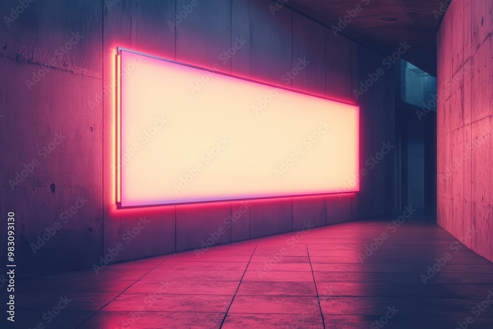 A large illuminated rectangle in a concrete corridor A large illuminated rectangle in a concrete corridor