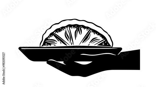 Hand holding vegetarian empanada over a serving tray, food illustration vector