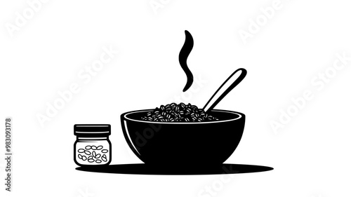 Steaming hot cereal beside a jar of sweeteners and spoon, food vector illustration