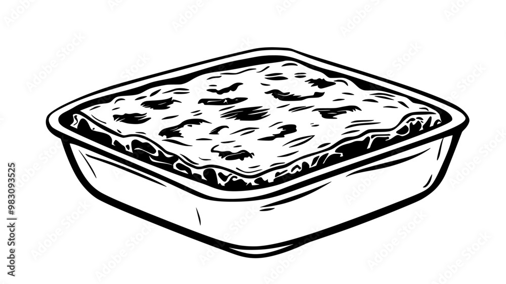 Lasagna in a baking dish, uncut, showing the top layer of melted cheese and sauce, food vector graphic Lasagna in a baking dish, uncut, showing the top layer of melted cheese and sauce, food vector graphic