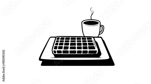 Large Belgian waffle centered on a square plate in a breakfast setting, food vector illustration