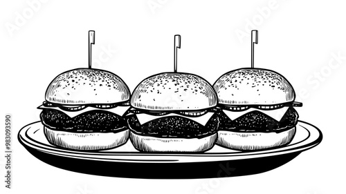 Mini burgers with beef patties, cheese, and pickles on small buns, side by side on a plate, food vector illustration